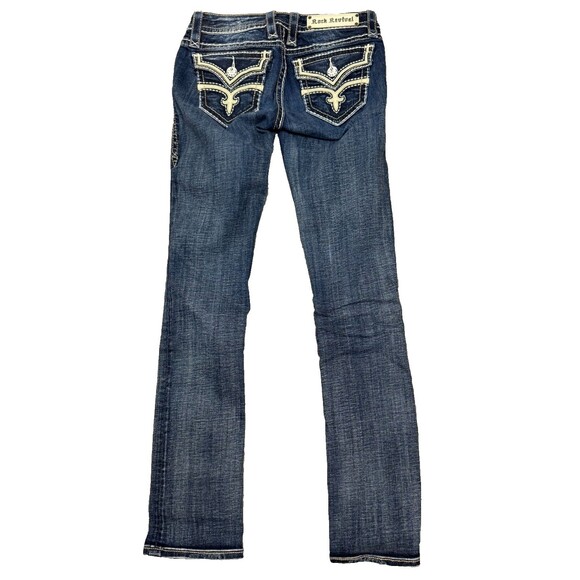 Rock Revival Jeans 27 Straight Y2K Thick Stitch Flap Pockets Designer Streetwear - Picture 2 of 7